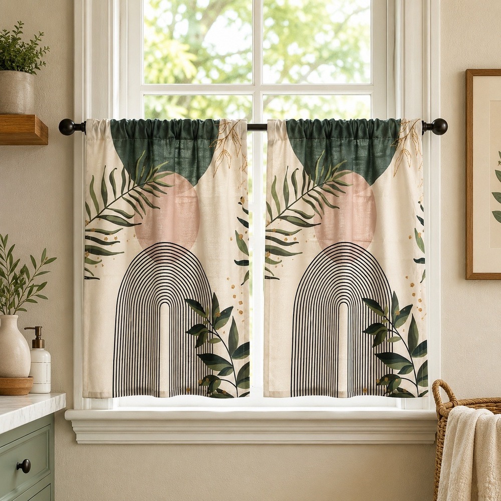 Modern Boho Botanical Cafe Curtains Set 2 Geometric Arch Green Blush 38x27